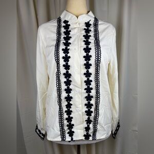 Cream Blouse with Black Floral Trim